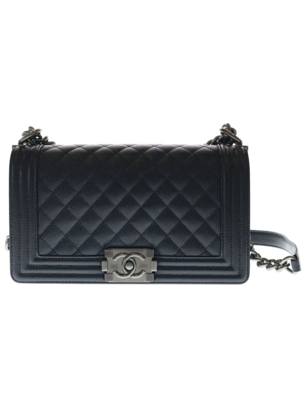 Chanel Boy 25 Caviar Leather Chain Shoulder Bag Silver Black Plate